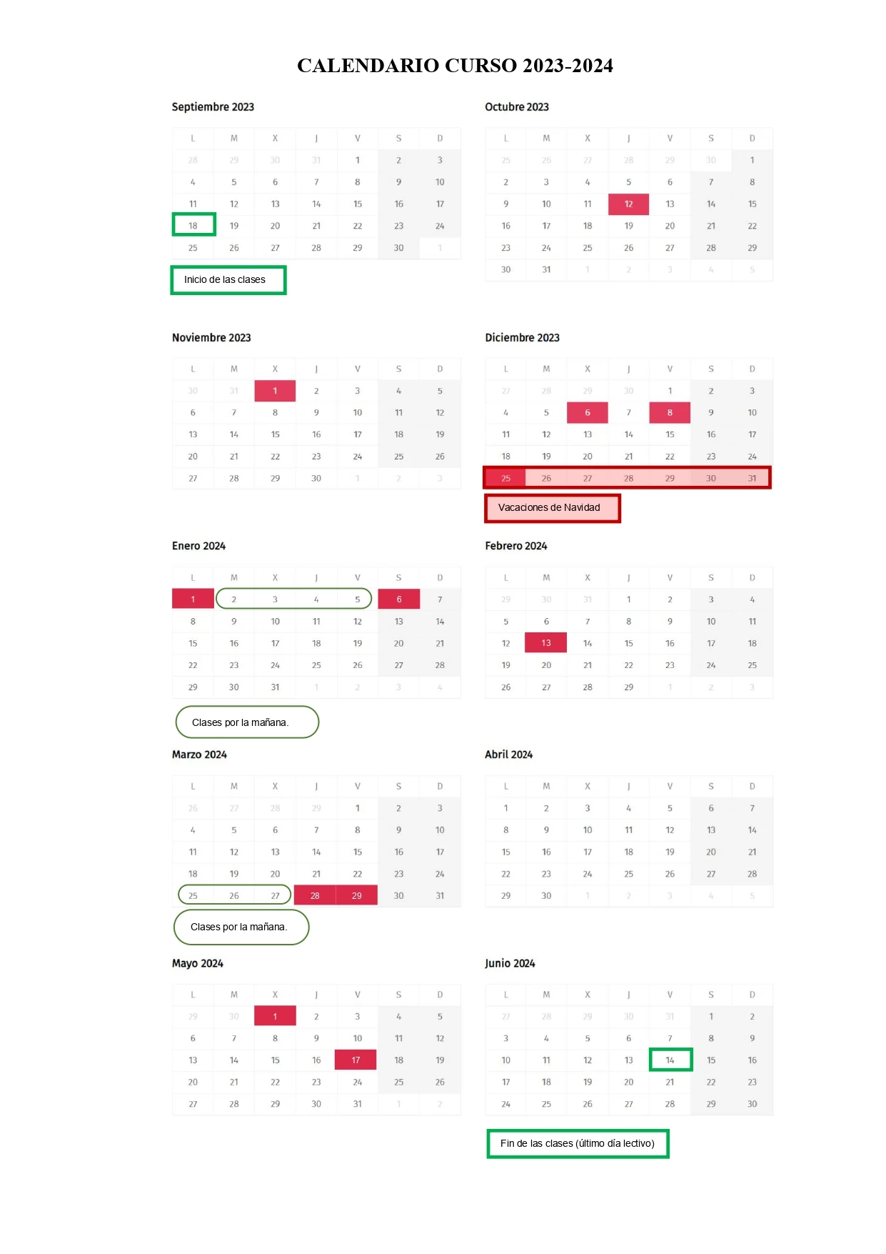 Calendario curso 2023 2024